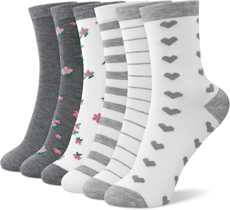 Socksfad Store 6 Pairs Cotton Crew Socks for Women, Breathable Novelty Funny Striped Dot Casual Cute Calf Socks Size 6-12 - Image 1